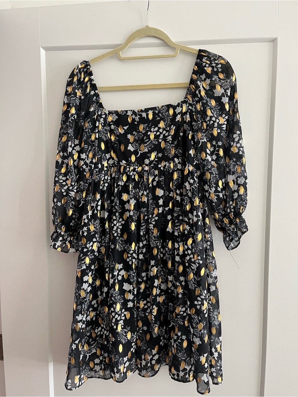 Black, Gold Patterned Mini Dress, Empire Waist